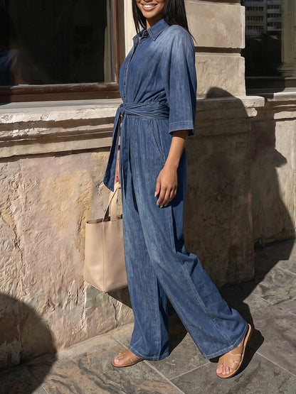 Tied Waist Pockets Gradient Buttoned Loose High Waisted Lapel Jumpsuits