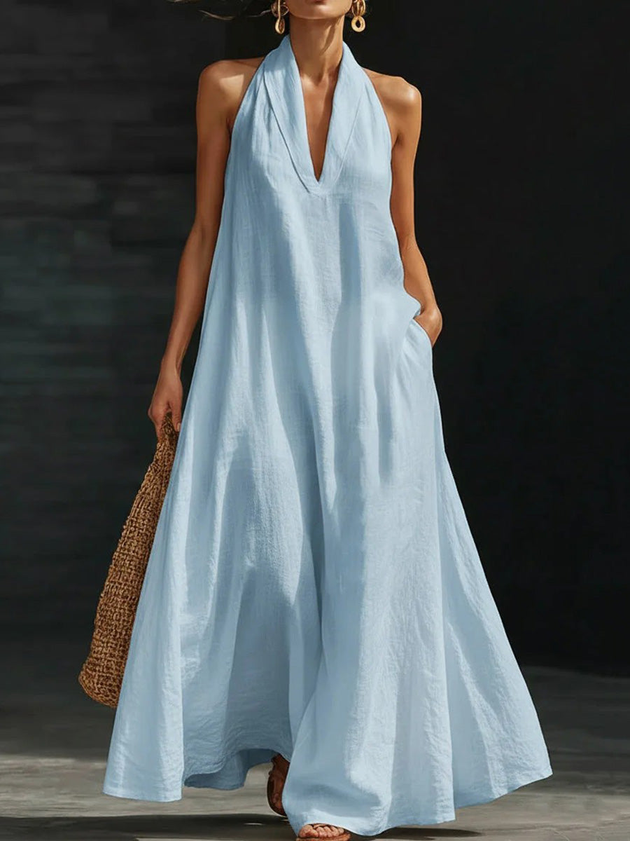A-Line Loose Pockets Solid Color V-Neck Maxi Dresses