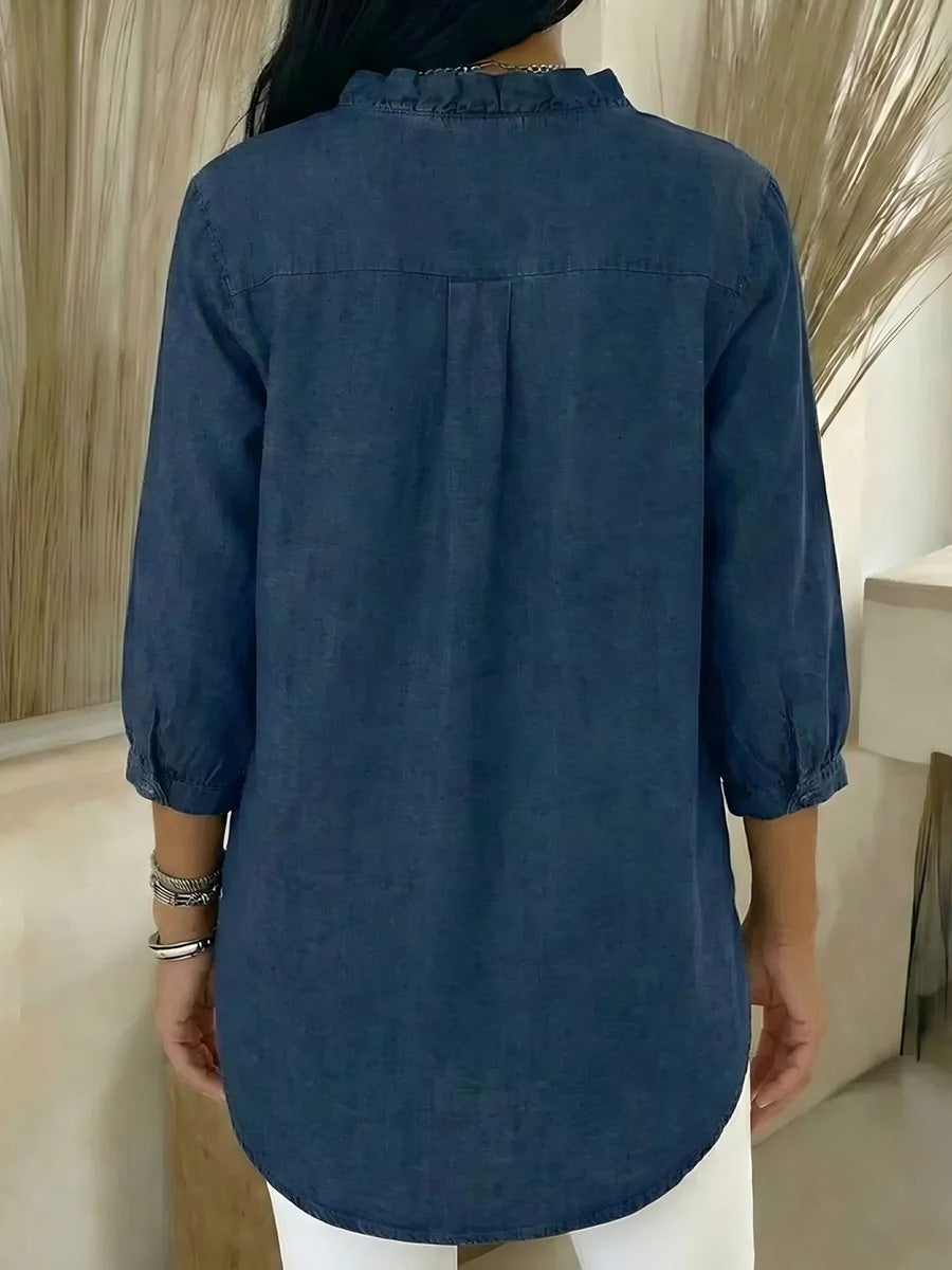 Loose Plus Size Ruffle Trim Solid Color V-Neck Blouses&Shirts Tops