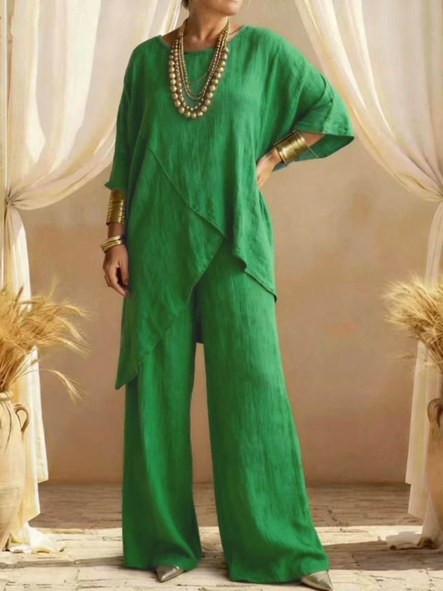 Loose Plus Size Asymmetric Solid Color Round-Neck Blouses&Shirts Tops + Pants Two Pieces Set