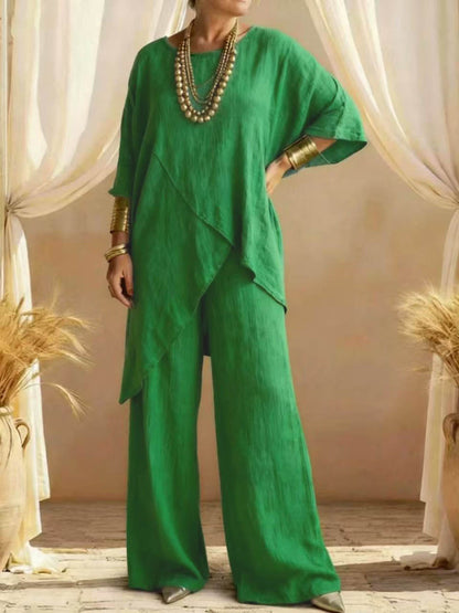 Loose Plus Size Asymmetric Solid Color Round-Neck Blouses&Shirts Tops + Pants Two Pieces Set