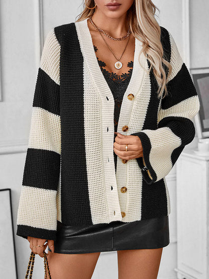 Long Sleeves Loose Buttoned Contrast Color Split-Joint Striped V-Neck Cardigan Tops