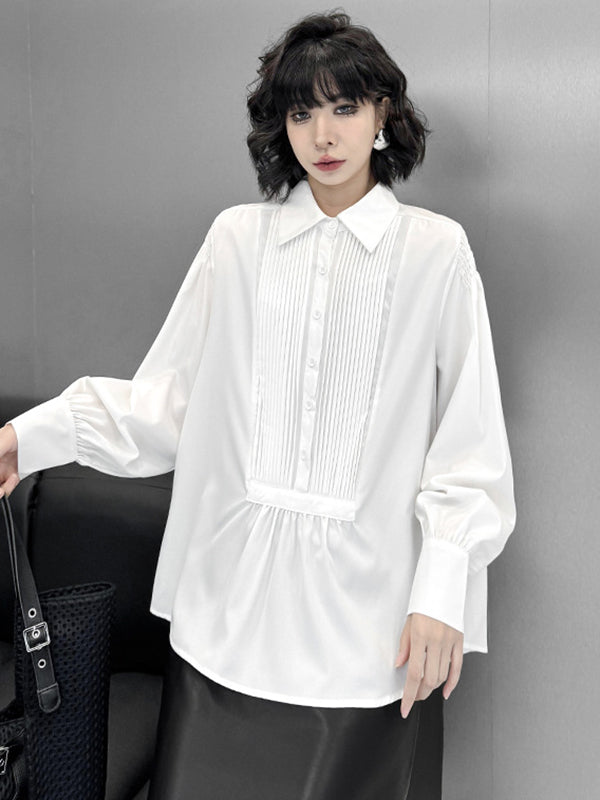Long Sleeves Loose Buttoned Pleated Solid Color Polo Blouses&Shirts Tops