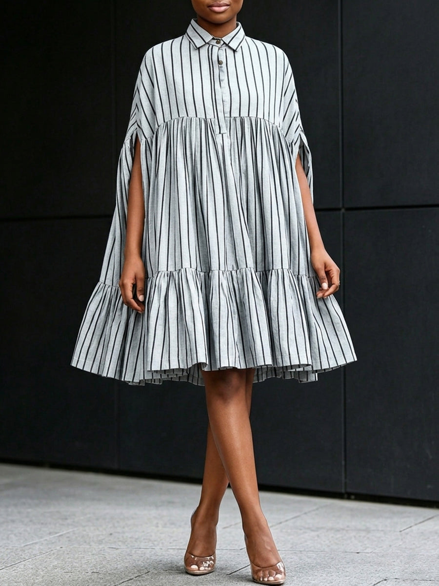 A-Line Batwing Sleeves Buttoned Contrast Color Pleated Ruffle Trim Split-Joint Striped Lapel Midi Dresses