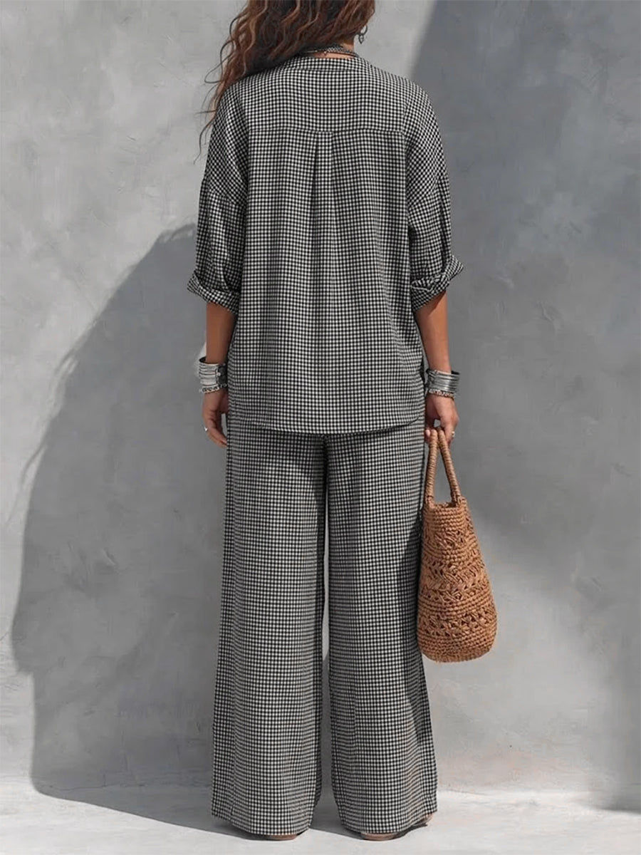 Pockets Plaid Elasticity Contrast Color Wide Leg Loose Trousers Pants