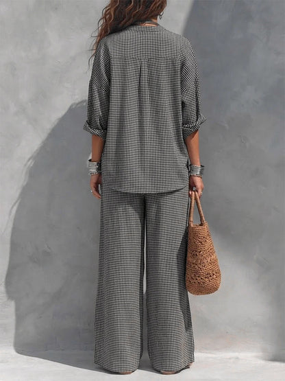 Pockets Plaid Elasticity Contrast Color Wide Leg Loose Trousers Pants