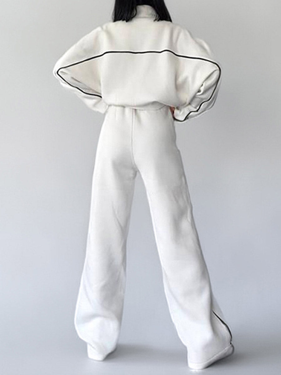 Contrast Color Line Split-Joint Zipper Lapel Outerwear + Elasticated Waist High Waisted Drawstring Pants Two Pieces Set