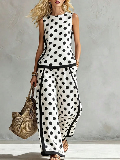 Sleeveless Contrast Color Polka Dot Round-Neck Tank Top