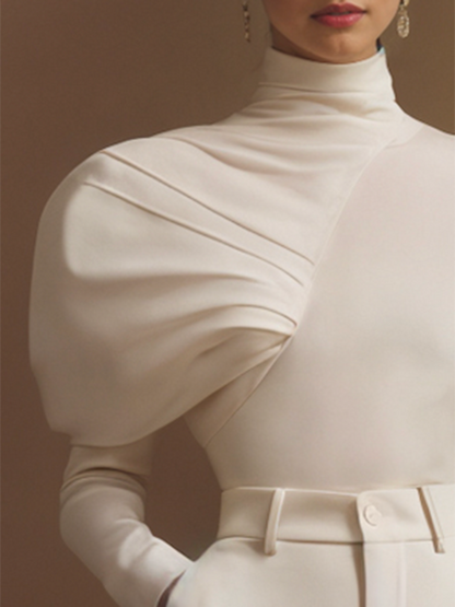 Irregularity Long Sleeves Asymmetric Pleated Solid Color High Neck Sweatshirt Tops