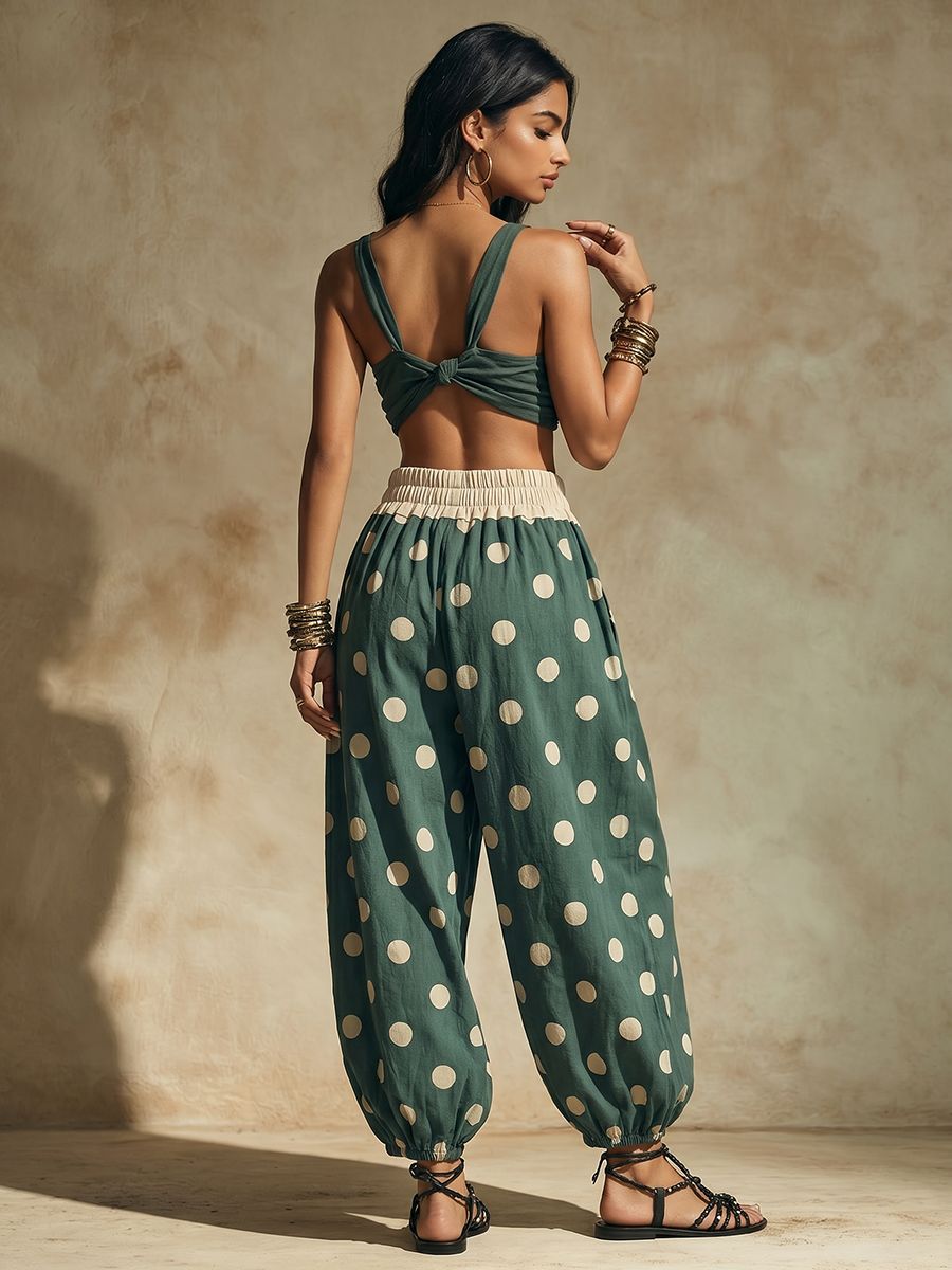 High Waisted Wide Leg Contrast Color Drawstring Elasticity Pockets Polka Dot Ankle-Tied Pants Trousers