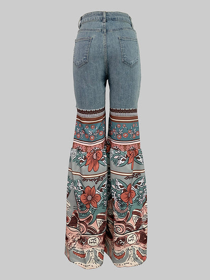 Flared Pants Floral Printed High-Waisted Pockets Jean Pants Bottoms
