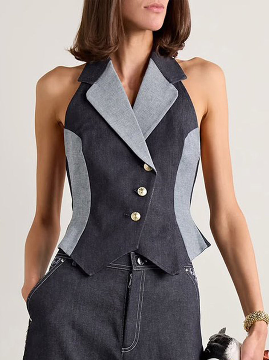 Sleeveless Buttoned Contrast Color Notched Collar Vest Top
