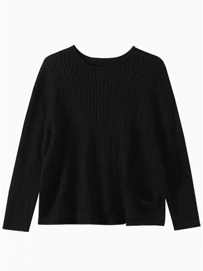 Artistic Retro Loose Long Sleeves Jacquard Solid Color Round-Neck Sweater Tops