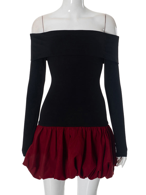 Mini-robes taille haute, manches longues, couleur contrastée, plissées, fendues, épaules dénudées 