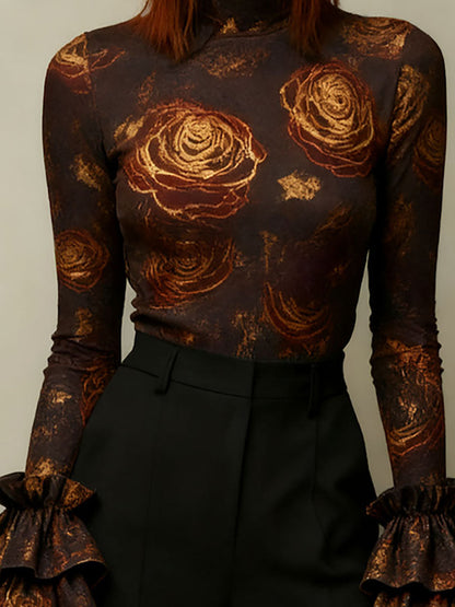 Flared Sleeves Long Sleeves Flower Print High Neck Blouses&Shirts Tops