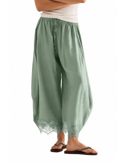 Split-Joint Solid Color Pockets Elasticity Drawstring Wide Leg Loose Trousers Pants