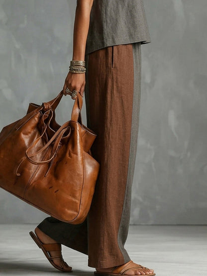 High Waisted Wide Leg Contrast Color Elasticity Pockets Pants Trousers