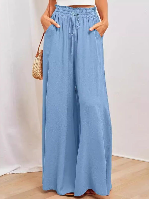 High Waisted Loose Drawstring Elasticity Pockets Solid Color Pants Trousers LIGHT BLUE