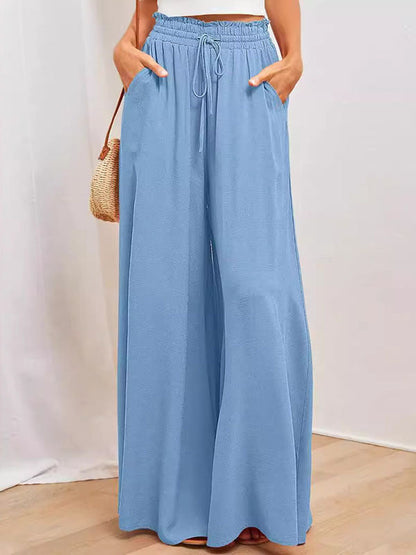 High Waisted Loose Drawstring Elasticity Pockets Solid Color Pants Trousers LIGHT BLUE