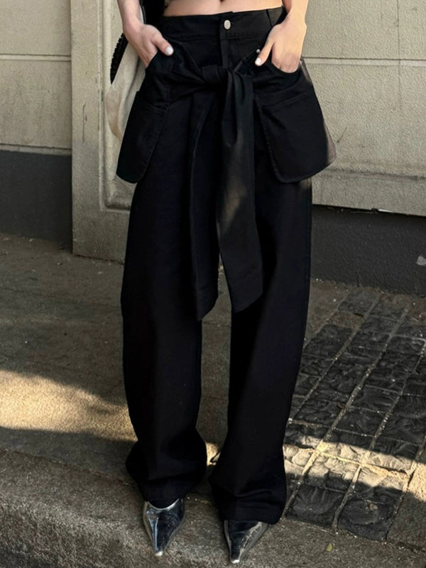 Pantalon taille haute ample boutonné de couleur unie 