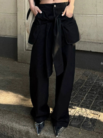 Pantalon taille haute ample boutonné de couleur unie 