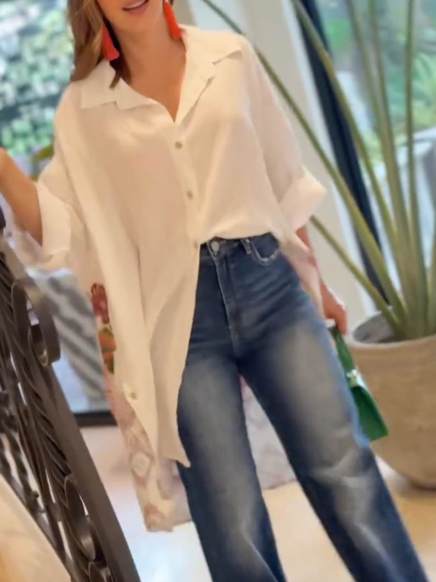 Split-Joint Flower Print Contrast Color Buttoned Butterfly Print Loose Long Sleeves Lapel Blouses&Shirts Tops