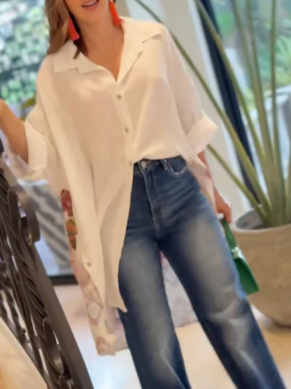 Split-Joint Flower Print Contrast Color Buttoned Butterfly Print Loose Long Sleeves Lapel Blouses&Shirts Tops