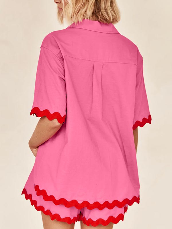 Loose Contrast Color Shirts Tops & Shorts Two Pieces Set