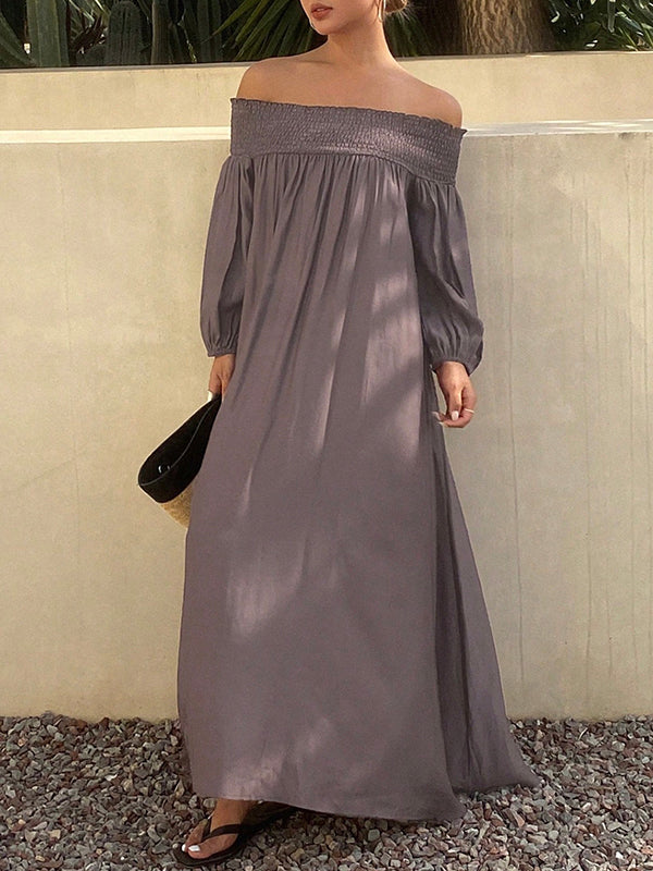 Loose Puff Sleeves Elasticity Pleated Solid Color Off-The-Shoulder Maxi Dresses