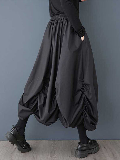 Loose Wide Leg Elasticity Pleated Pockets Solid Color Culotte Ninth Pants