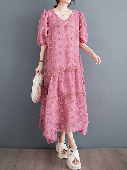 A-Line Half Sleeves Elasticity Jacquard Solid Color Split-Joint V-Neck Midi Dresses