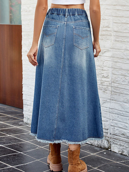 A-Line Loose Buttoned Elasticity Fringed Pockets Split-Joint Skirts Bottoms