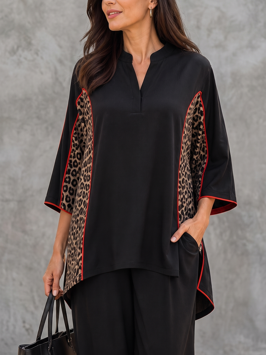 Split-side Split-Joint Leopard Contrast Color Three-quarter Sleeves Loose V-neck Blouses&shirts Tops