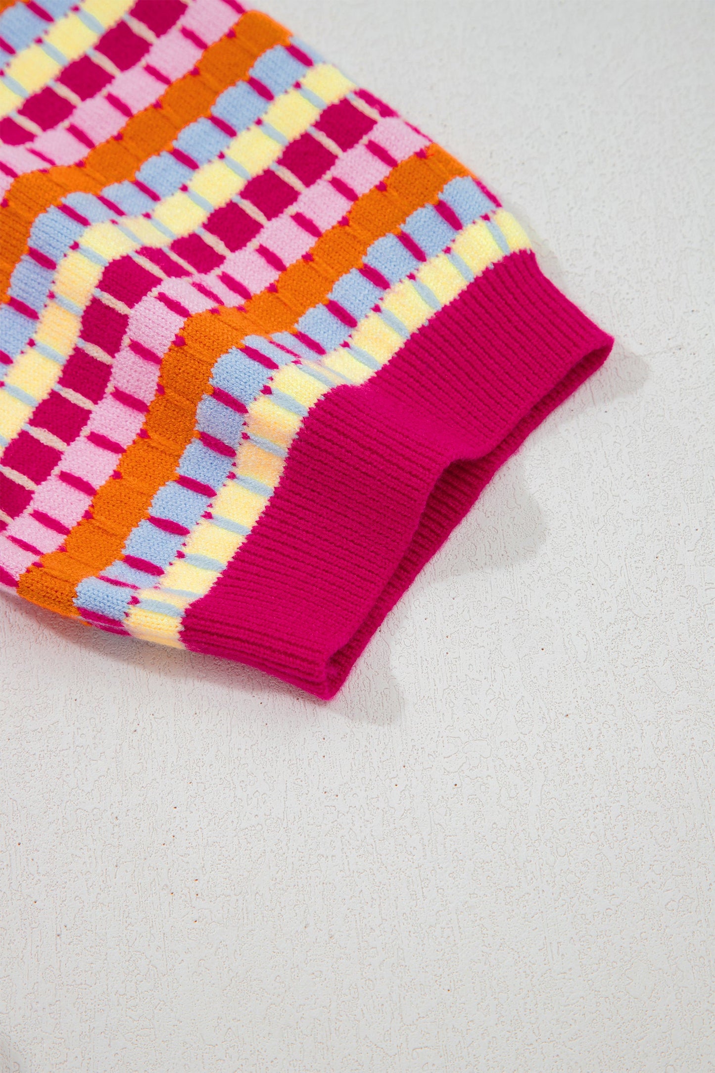 Rose Red Abstract Striped Knit Short Sleeve Sweater
