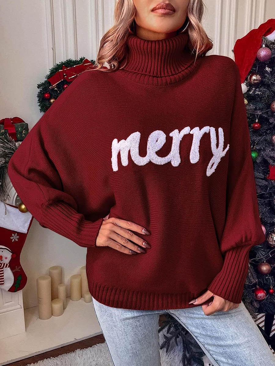 Long Sleeves Loose Contrast Color Printed Split-Joint High Neck Sweater Tops