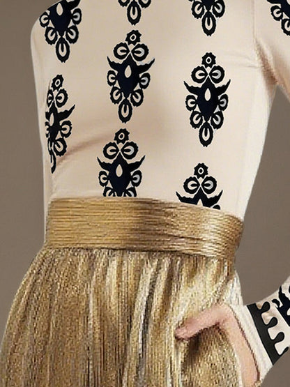 Long Sleeves Skinny Printed Split-Joint Round-Neck T-Shirts Tops