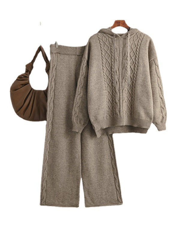 Urban Loose Solid Color Hooded High-Low Sweater Tops & Wide Leg Pants Two Pieces Set