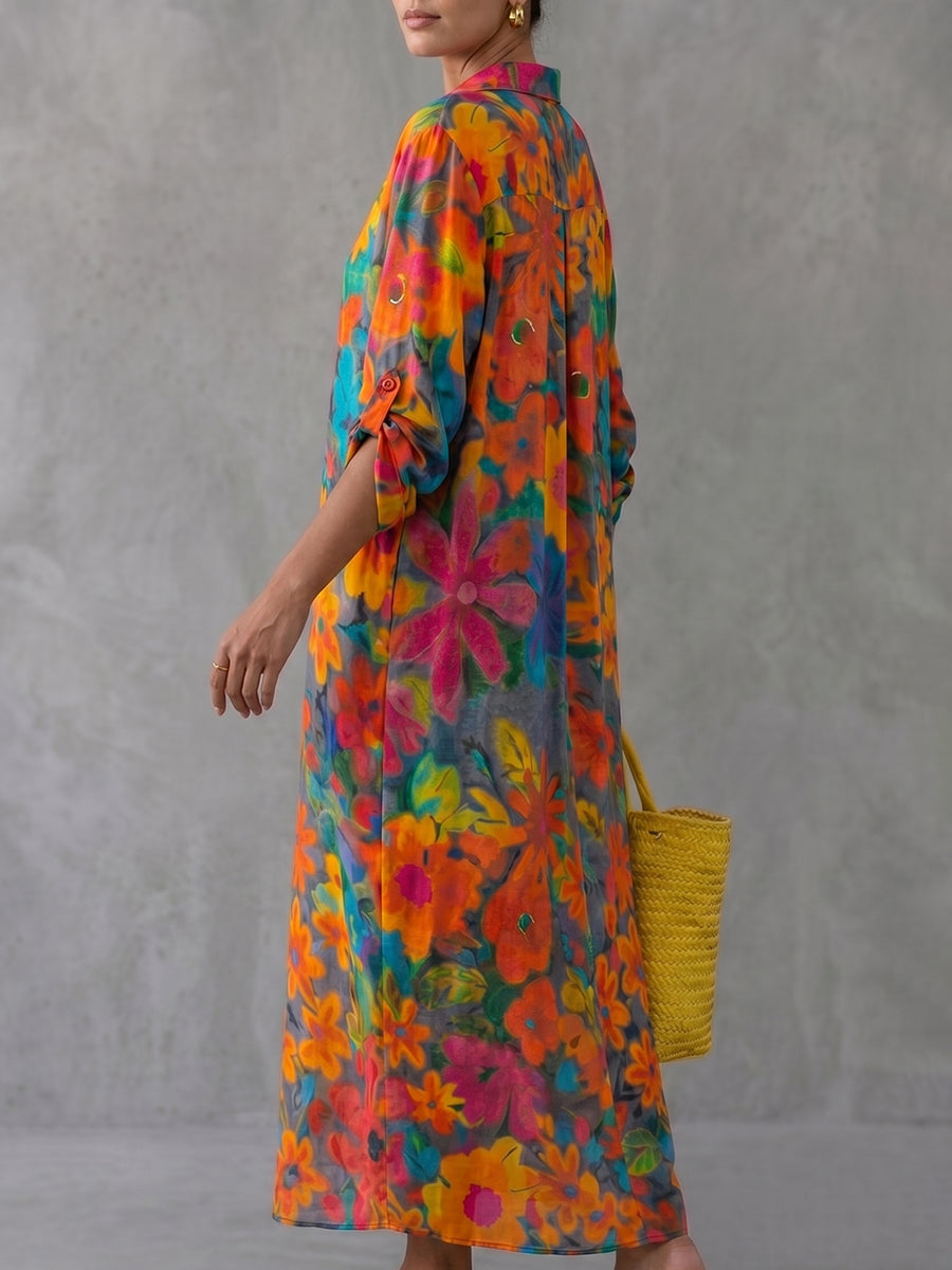 Half Sleeves Loose Buttoned Contrast Color Floral Printed Split-Front Lapel Maxi Dresses Shirt Dress