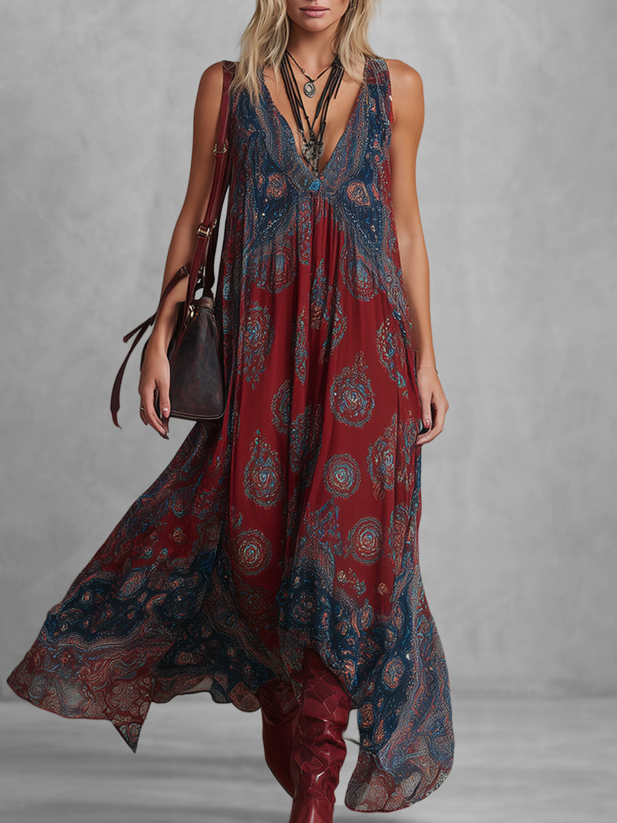 Loose Sleeveless Contrast Color Pleated Printed V-Neck Maxi Dresses