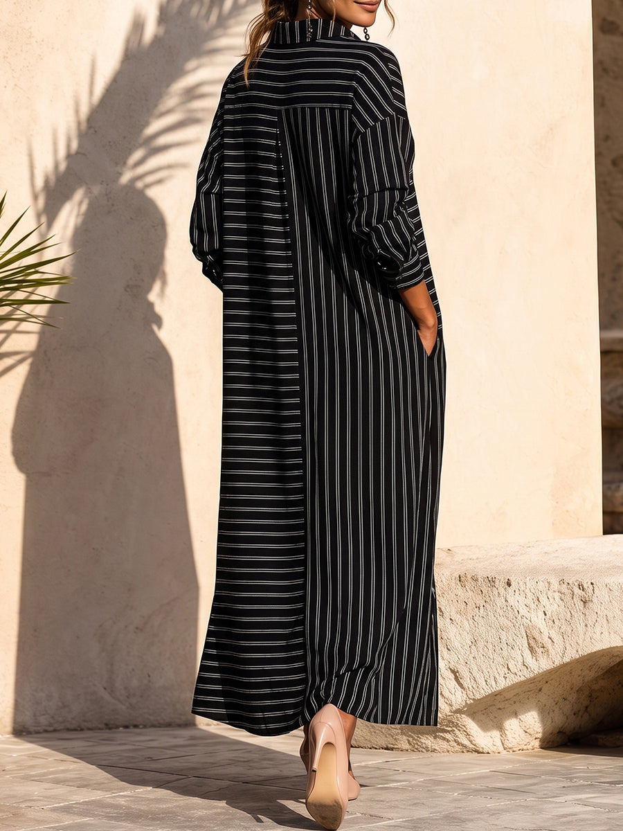 Striped Split-Joint Pockets Three-quarter Sleeves Loose Lapel Shirt Dress Maxi Dresses