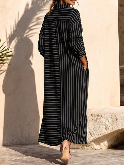 Striped Split-Joint Pockets Three-quarter Sleeves Loose Lapel Shirt Dress Maxi Dresses