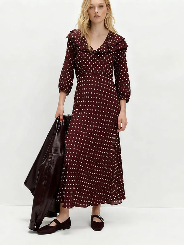 Puff Sleeves Seven-Quarter Sleeves Polka-Dot Ruffled V-Neck Maxi Dresses