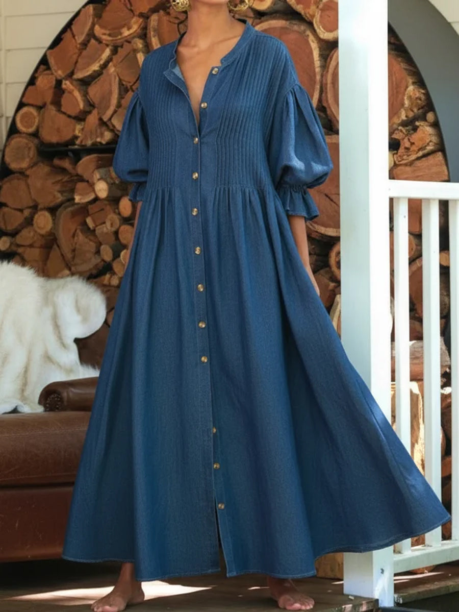 Loose Ruffle Sleeves Buttoned Pleated Solid Color Split-Joint Round-Neck Maxi Dresses