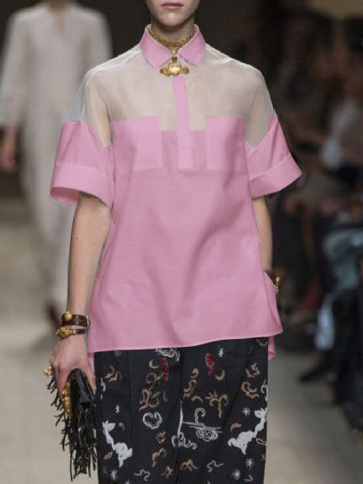 Short Sleeves See-Through Solid Color Split-Joint Lapel Blouses&Shirts Tops
