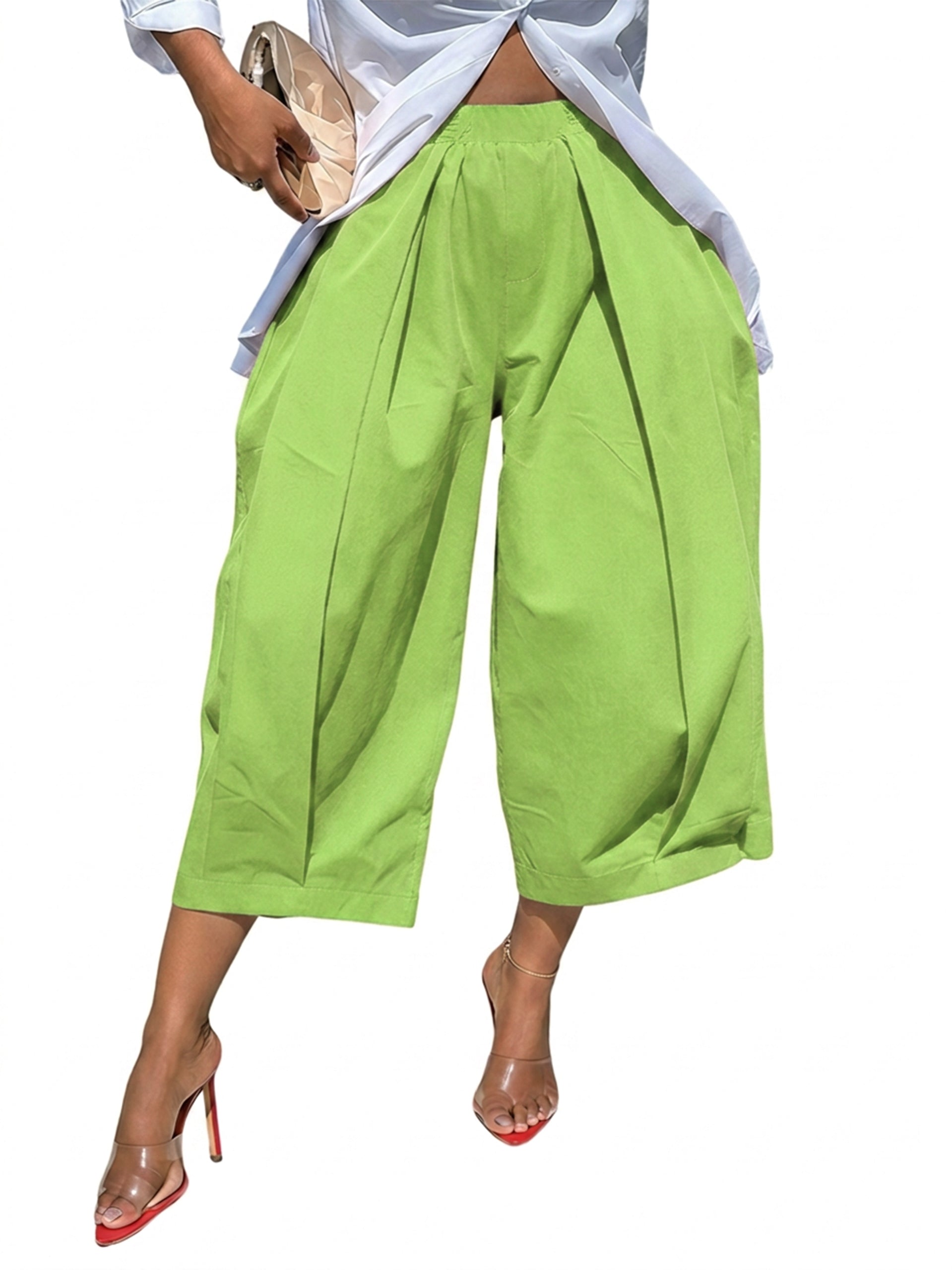Solid Color Pockets Pleated Wide Leg Loose Pants
