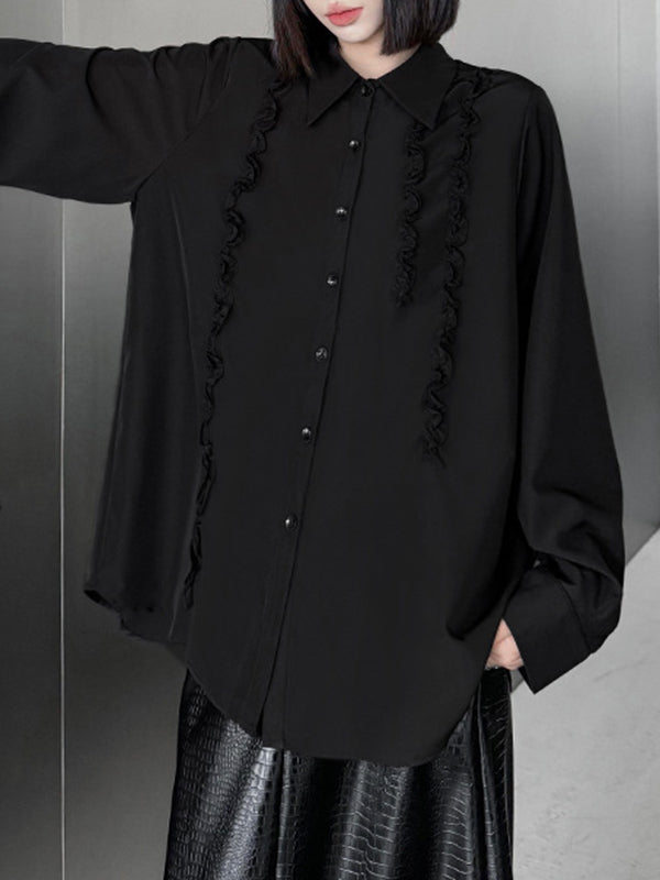 Hipster Long Sleeves Buttoned Falbala Ruffled Solid Color Split-Joint Lapel Blouses&Shirts Tops