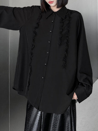 Hipster Long Sleeves Buttoned Falbala Ruffled Solid Color Split-Joint Lapel Blouses&Shirts Tops