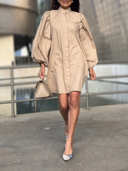 Puff Sleeves Pleated Split-Joint High Neck Mini Dresses Shirt Dress