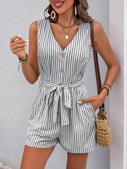 Elasticated Waist High Waisted Buttoned Pockets Striped Tied Waist V-Neck Rompers