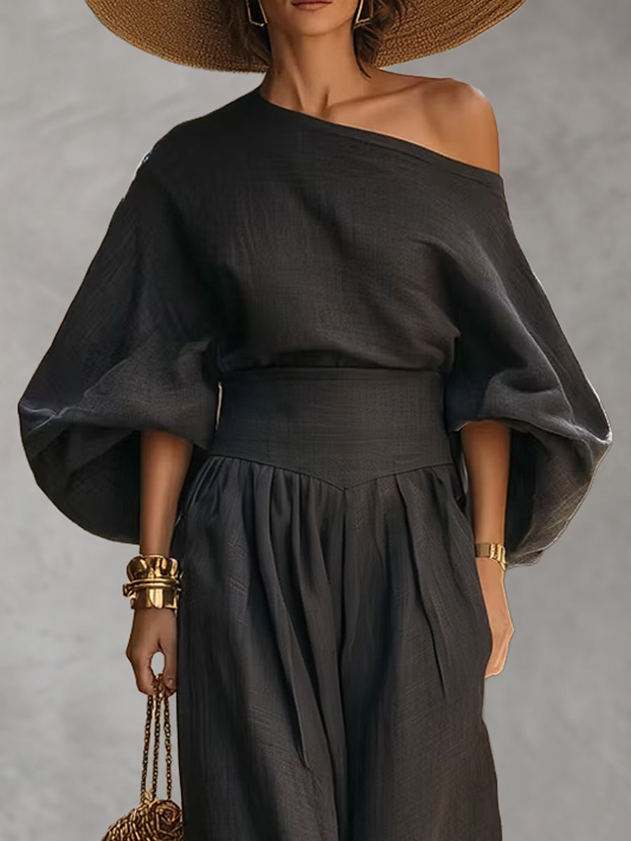 Solid Color Three-quarter Sleeves Puff Sleeves One-shoulder Blouses&shirts Tops